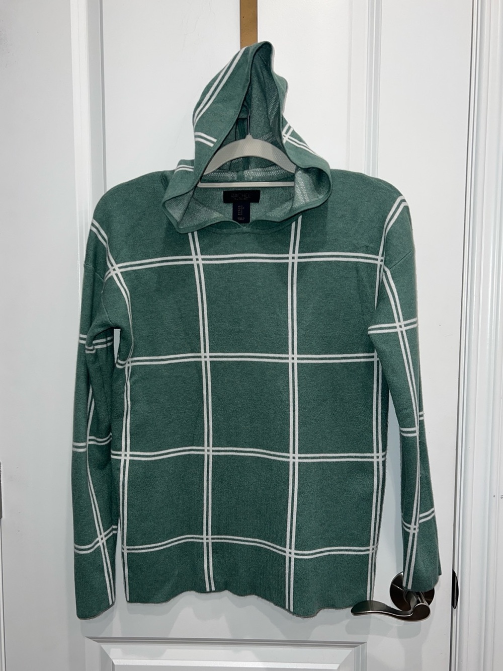 Rachel Roy Women's Fine Gauge Knit Green/White Sweater Hooded Soft Small